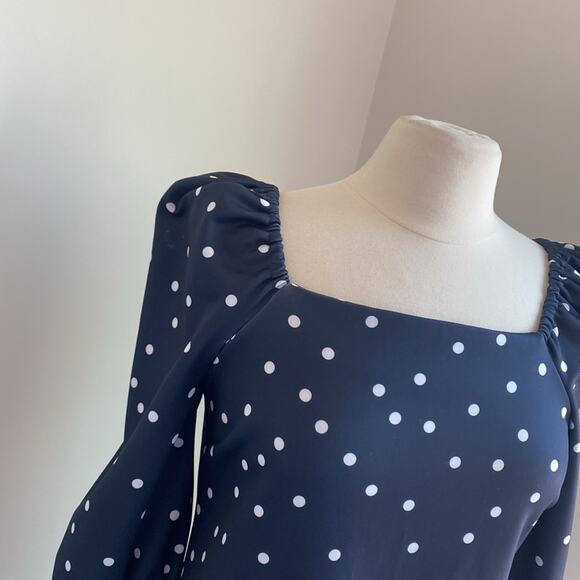ASOS Puff Sleeve Dress Womens Sz 6 Navy Polka Dot Square Neck Mini - Picture 2 of 7